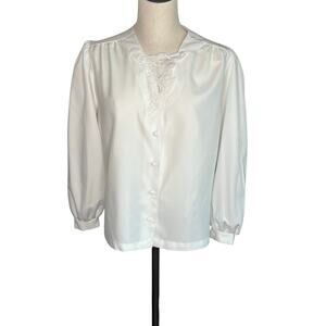 Vintage Angela Pellino white blouse with lace eyelet yoke size Medium